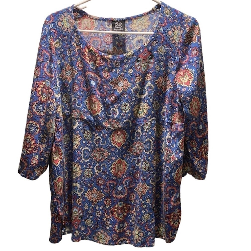 Bobeau Top Babydoll Blue Floral 3/4 Sleeves L